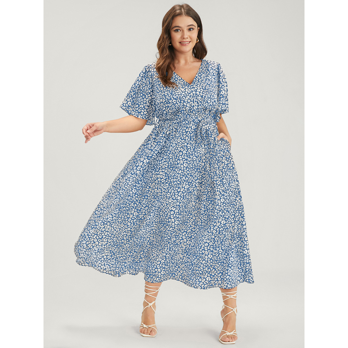 

Plus Size Floral Knotted Pocket Flutter Button Wrap Dress Stone Women Belted V-neck Short sleeve Curvy Midi Dress BloomChic
