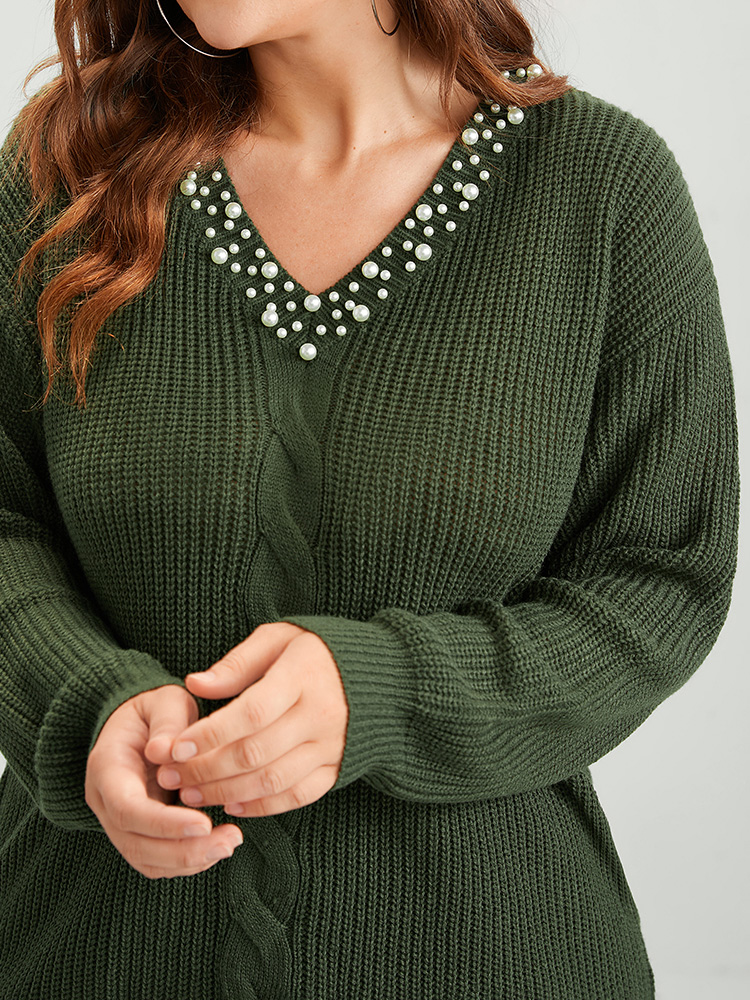 

Plus Size Plain Pointelle Knit Pearl Beaded Neck Cable Knit Top ArmyGreen Women Casual Loose Long Sleeve V-neck Dailywear Pullovers BloomChic