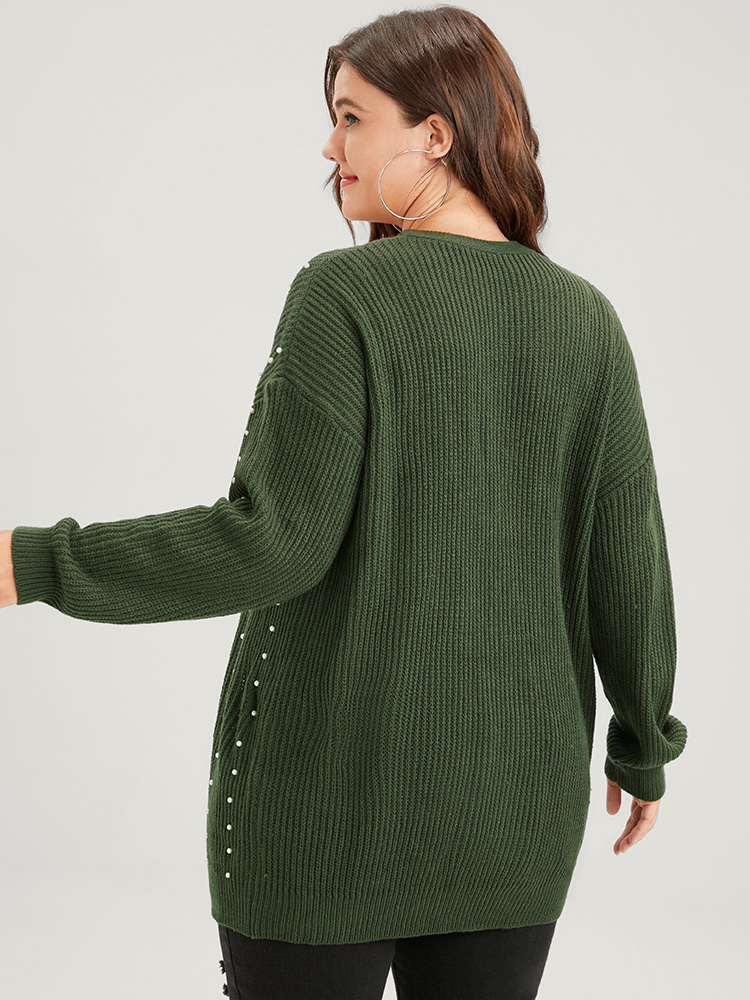 

Plus Size Plain Pointelle Knit Pearls Beaded Button Front Cardigan ArmyGreen Women Casual Loose Long Sleeve Dailywear Cardigans BloomChic