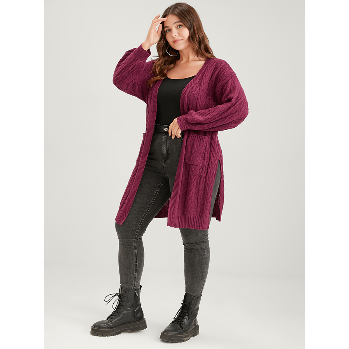 

Plus Size Plain Pointelle Knit Pocket Lantern Sleeve Split Open Front Cardigan Burgundy Women Elegant Loose Long Sleeve Dailywear Cardigans BloomChic