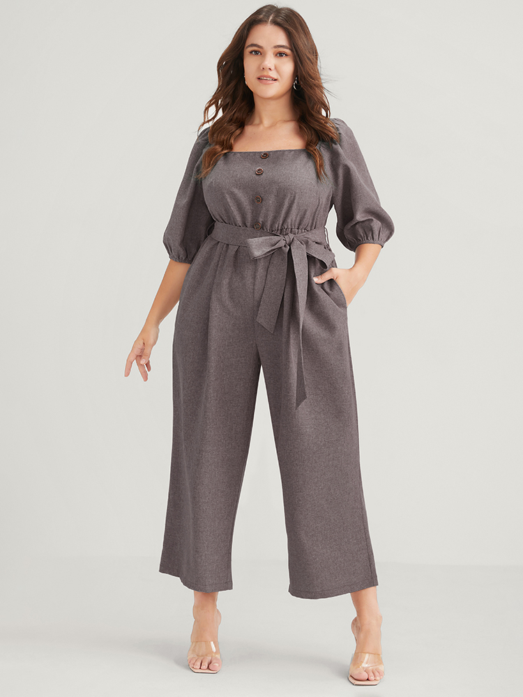

Plus Size Burgundy Plain Fake Button Pocket Puff Sleeve Square Neck Belted Jumpsuit Women Office Half Sleeve Square Neck Work Loose Jumpsuits BloomChic