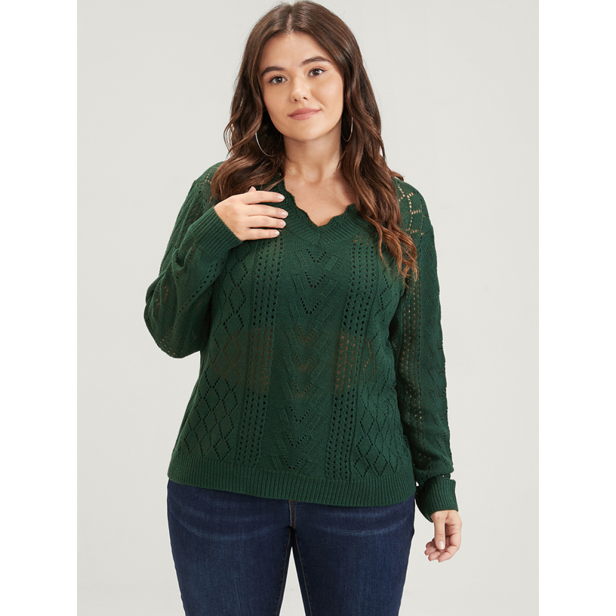 

Plus Size Solid Pointelle Knit Scalloped V Neck Crochet Knit Top DarkGreen Women Elegant Long Sleeve V-neck Dailywear Pullovers BloomChic