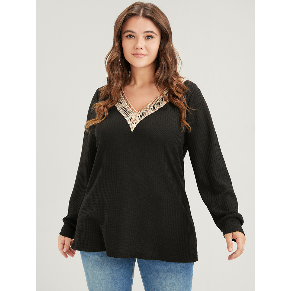 Plus Size Solid Drop Shoulder Contrast Lace Waffle Knit Sweatshirt Women Black Casual Patchwork V-neck Dailywear Sweatshirts BloomChic
Plus Size Solid Drop Shoulder Contrast Lace Waffle Knit Sweatshirt Women Black Casual Patchwork V-neck Dailywear Sweatshirts BloomChic