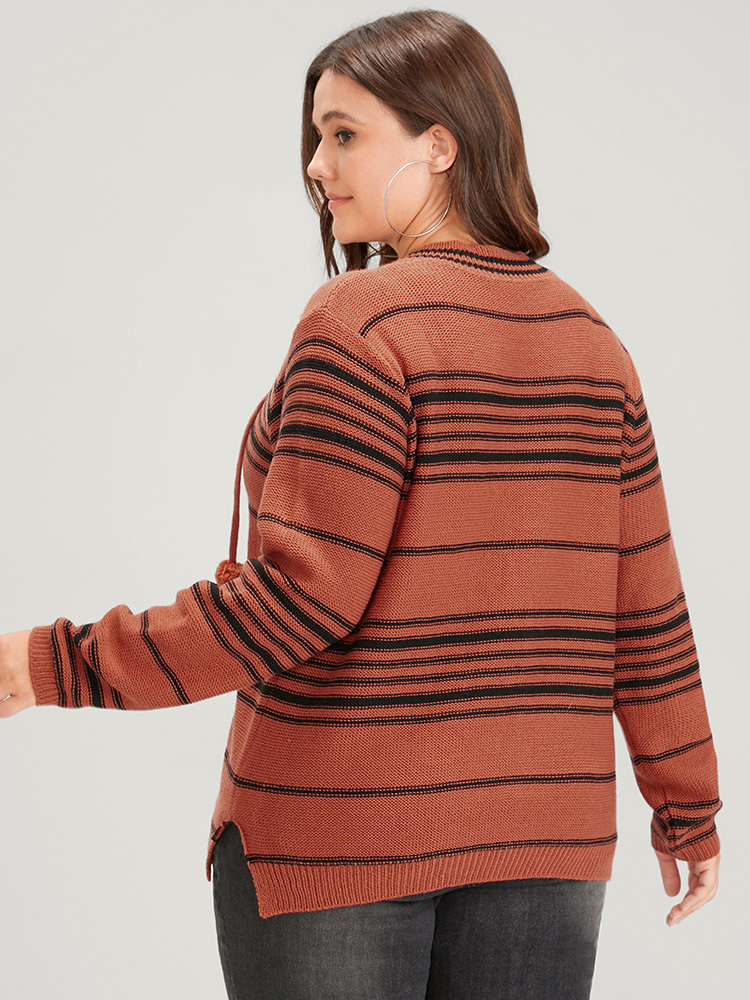 

Plus Size Striped Contrast Pointelle Knit Ties V Neck Knit Top OrangeRed Women Casual Long Sleeve V-neck Dailywear Pullovers BloomChic