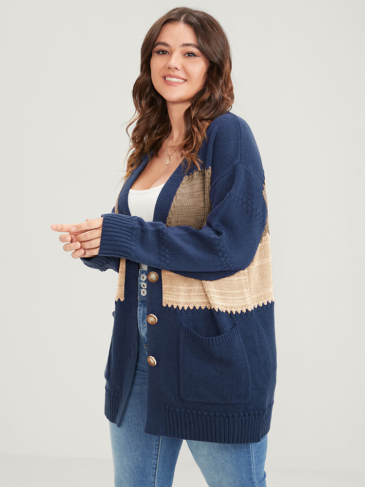 

Plus Size Colorblock Contrast Pointelle Knit Pocket Jacquard Button Front Cardigan Multicolor Women Casual Loose Long Sleeve Dailywear Cardigans BloomChic