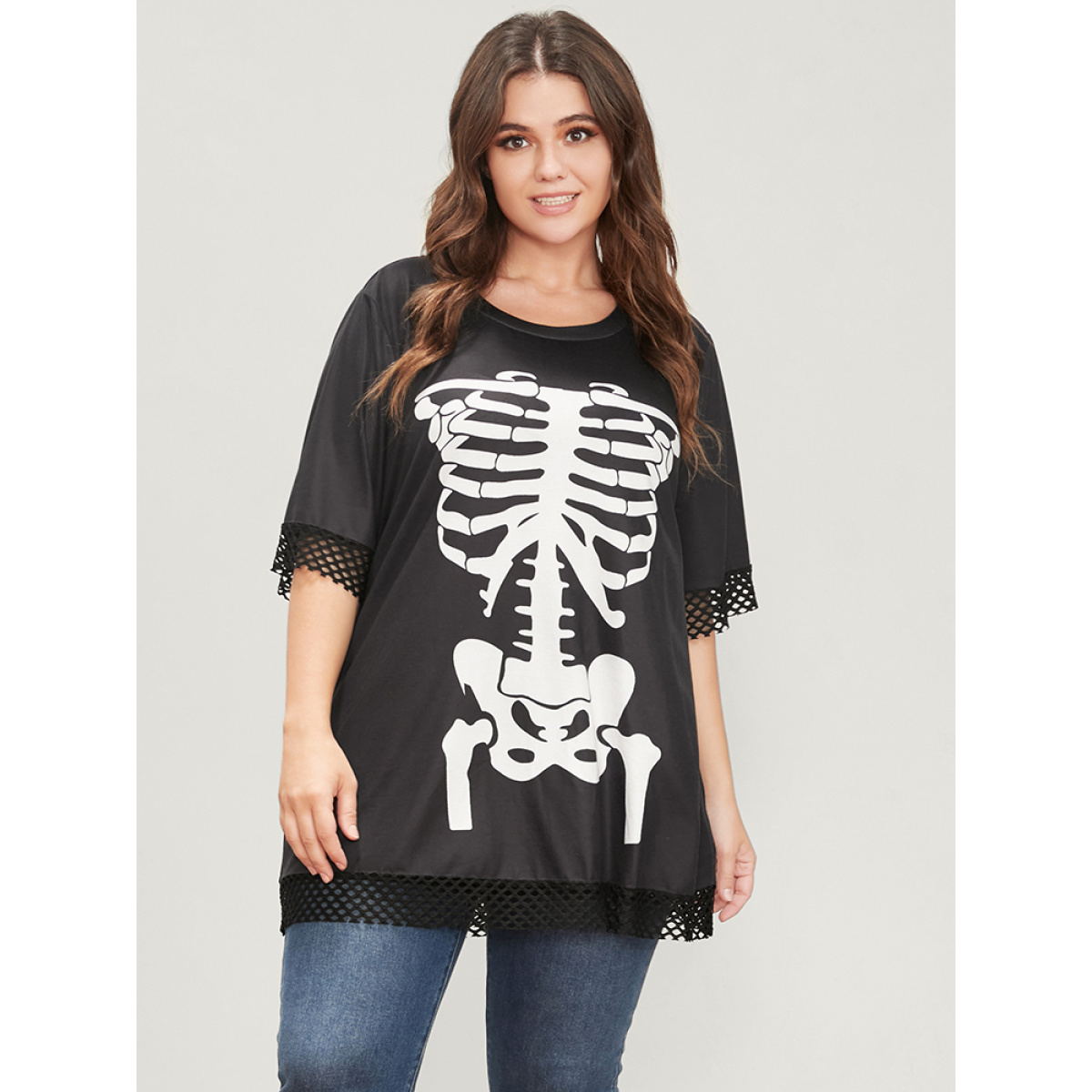 

Plus Size Halloween Skeleton Print Fishnet Patch T-shirt Black Women Casual Printed Graphic-Halloween Round Neck Dailywear T-shirts BloomChic
