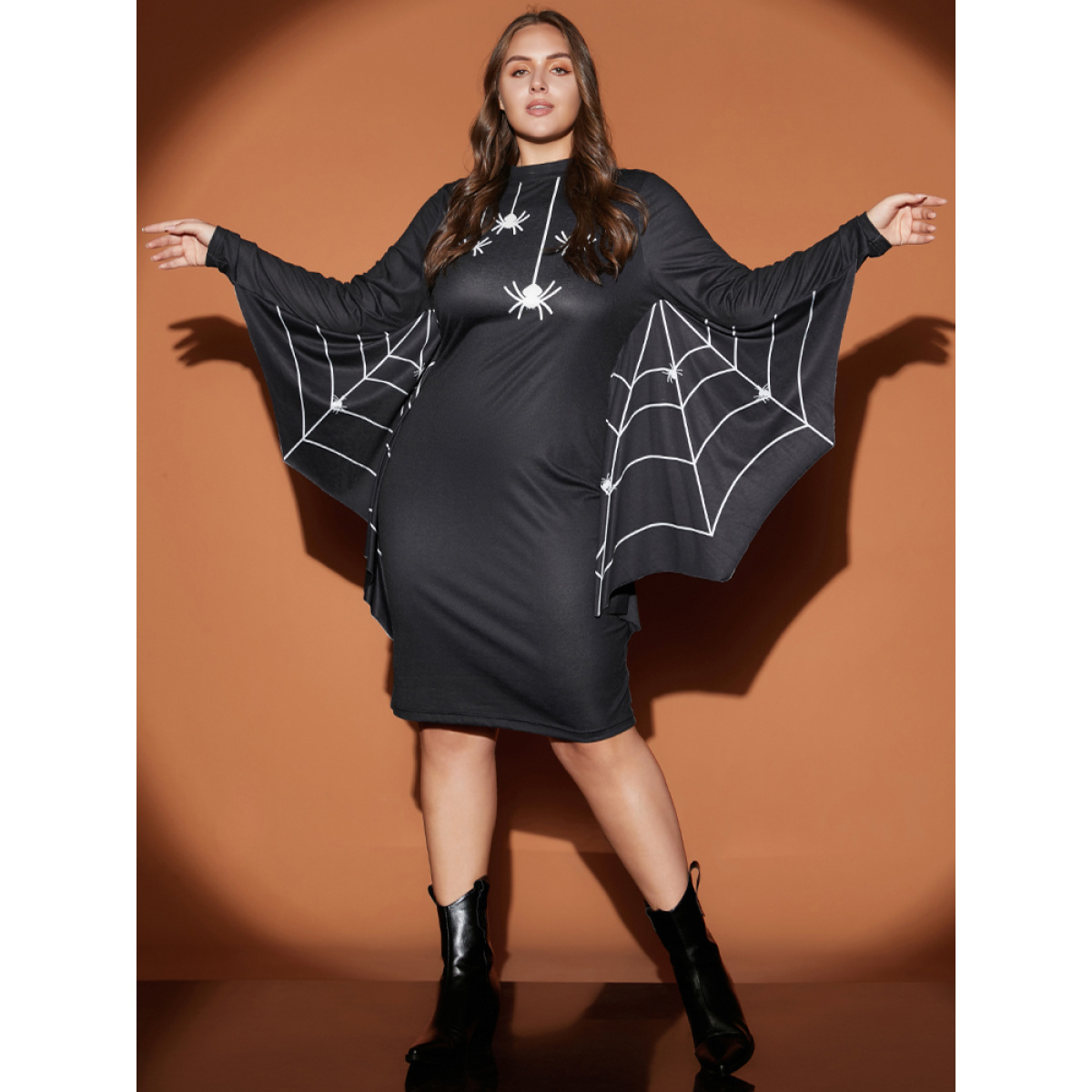 

Plus Size Halloween Spider Web Dolman Sleeve Knee Dress Black Women Printed Mock Neck Long Sleeve Curvy Knee Dress BloomChic