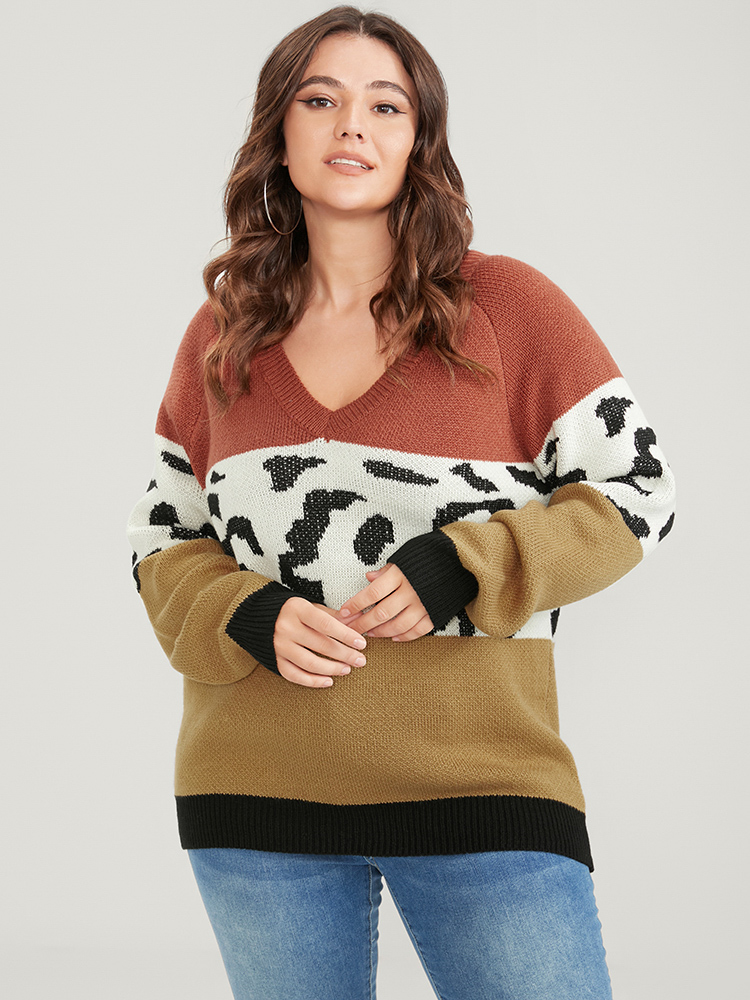 

Plus Size Leopard Colorblock Contrast Pointelle Knit V Neck Knit Top Multicolor Women Casual Loose Long Sleeve V-neck Dailywear Pullovers BloomChic
