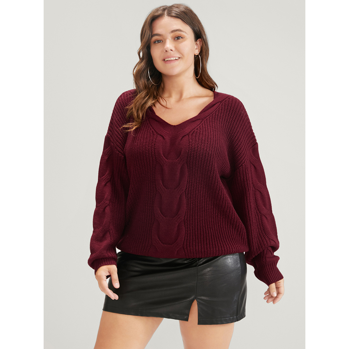 

Plus Size Solid Pointelle Knit V Neck Cable Knit Top Scarlet Women Elegant Loose Long Sleeve V-neck Dailywear Pullovers BloomChic