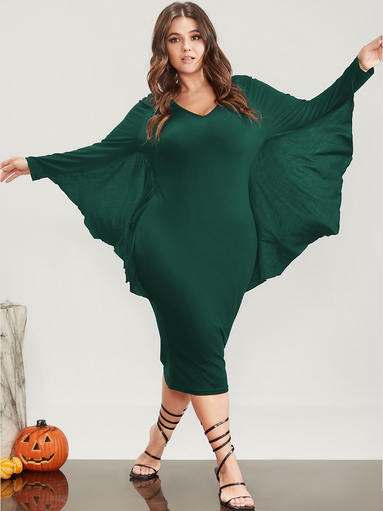 

Plus Size Halloween Asymmetrical Dolman Sleeve V Neck MIdi Dress Green Women Asymmetrical V-neck Long Sleeve Curvy Midi Dress BloomChic