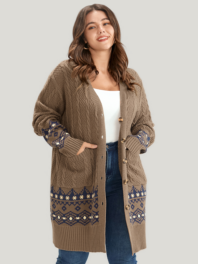 

Plus Size Geometric Contrast Pointelle Knit Pocket Cable Knit Button Front Cardigan Bronze Women Elegant Loose Long Sleeve Dailywear Cardigans BloomChic