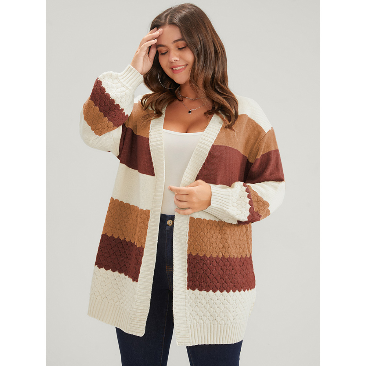 

Plus Size Striped Colorblock Contrast Pointelle Knit Jacquard Open Front Cardigan Multicolor Women Casual Loose Long Sleeve Dailywear Cardigans BloomChic