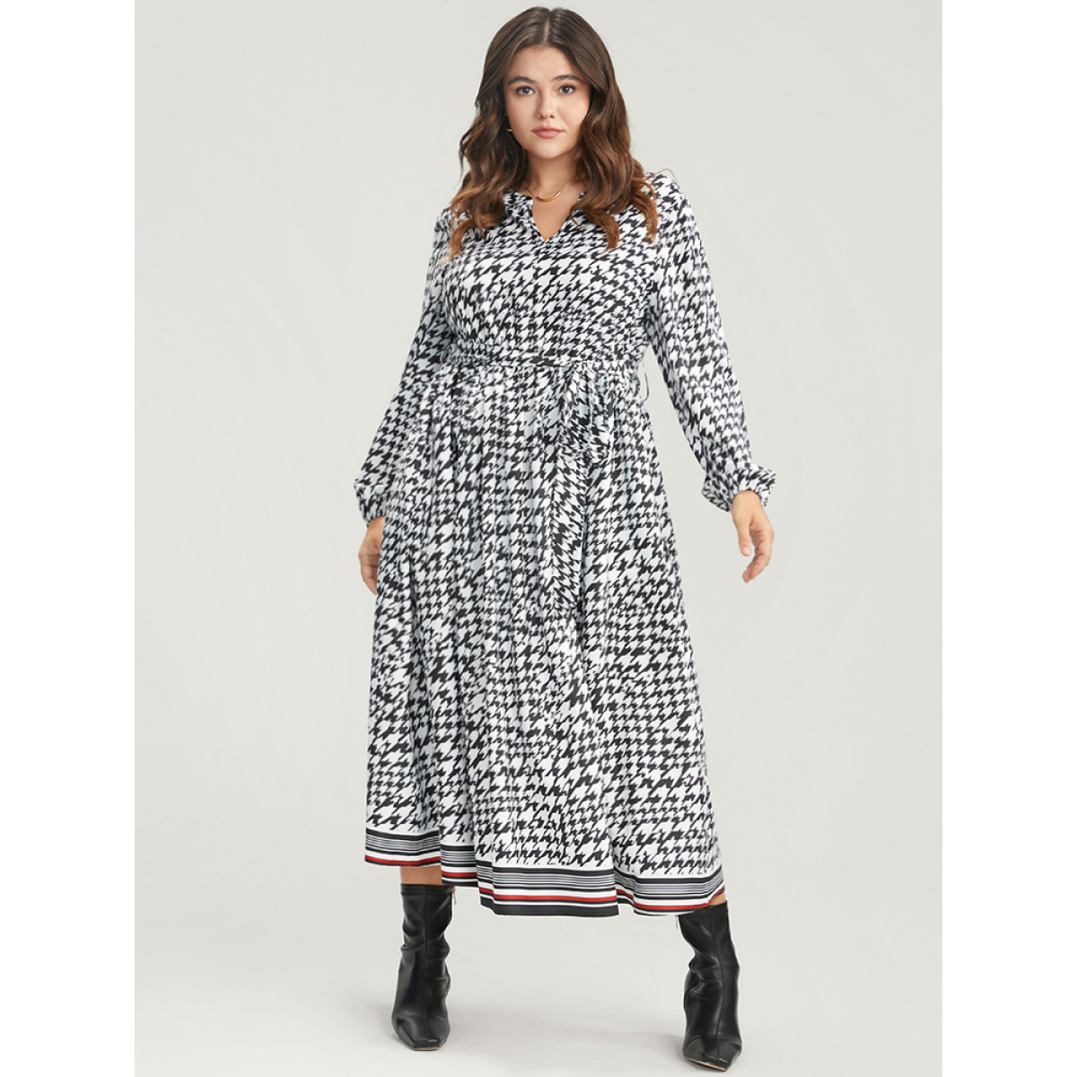 

Plus Size Houndstooth Print Pocket Lantern Sleeve Belted Dress Black Women Pocket V-neck Long Sleeve Curvy Midi Dress BloomChic