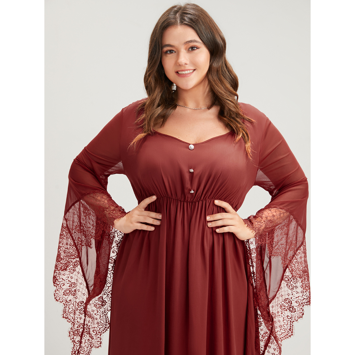 

Plus Size Halloween Solid Lace Bell Sleeve Asymmetrical Button Front Dress Chocolate Women Patchwork V-neck Extra Long Sleeve Curvy Midi Dress BloomChic