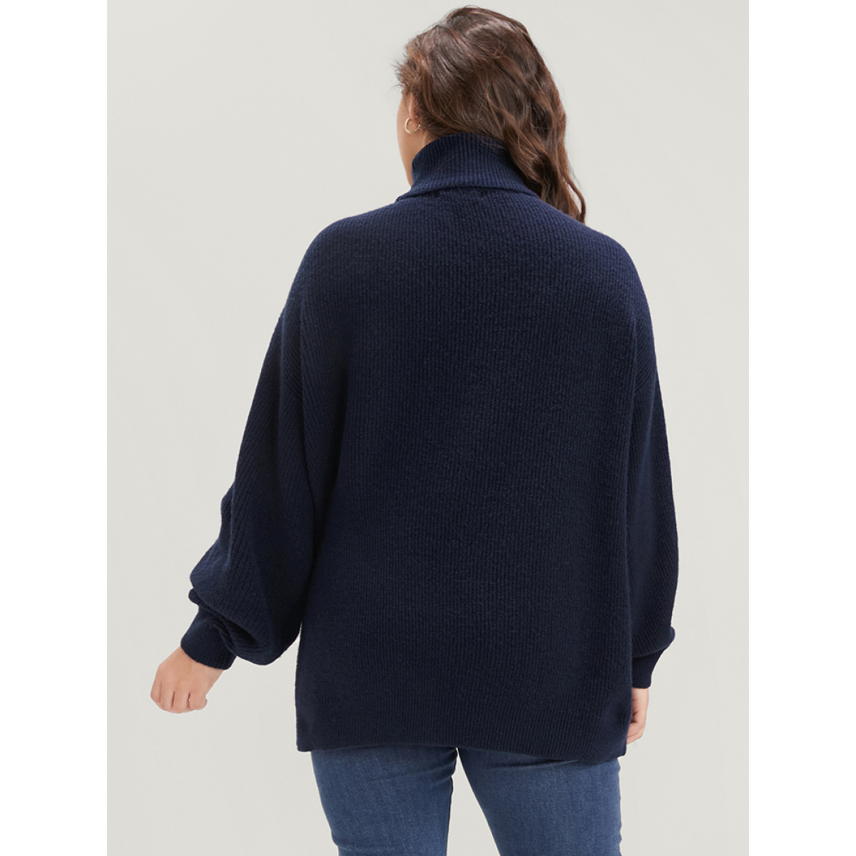 

Plus Size Solid Rib Knit Lantern Sleeve Funnel Neck Sweater Midnight Women Elegant Loose Long Sleeve Turtleneck Dailywear Pullovers BloomChic
