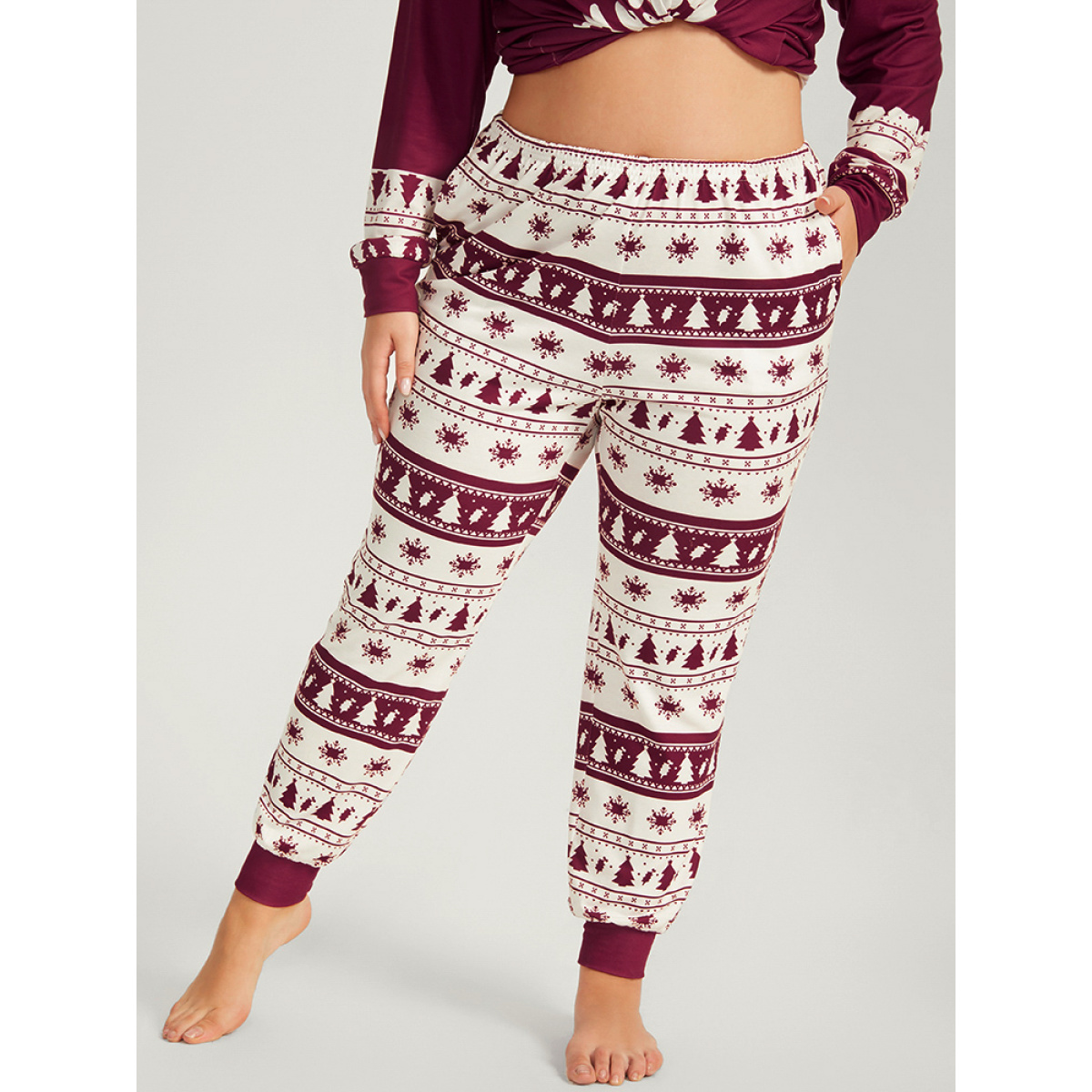 

Plus Size Snowflake & Tree Print Pocket Sleep Pants Burgundy Pocket Casual Festival-Christmas Graphic-Christmas Sleep Bottoms  Bloomchic