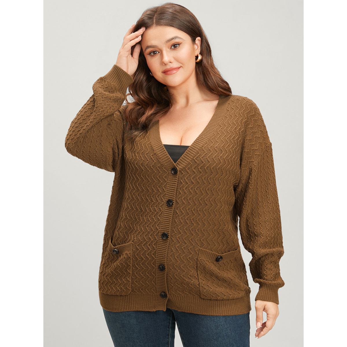 

Plus Size Plain Pointelle Knit Geometric Crochet Pocket Button Front Cardigan Bronze Women Casual Loose Long Sleeve Dailywear Cardigans BloomChic