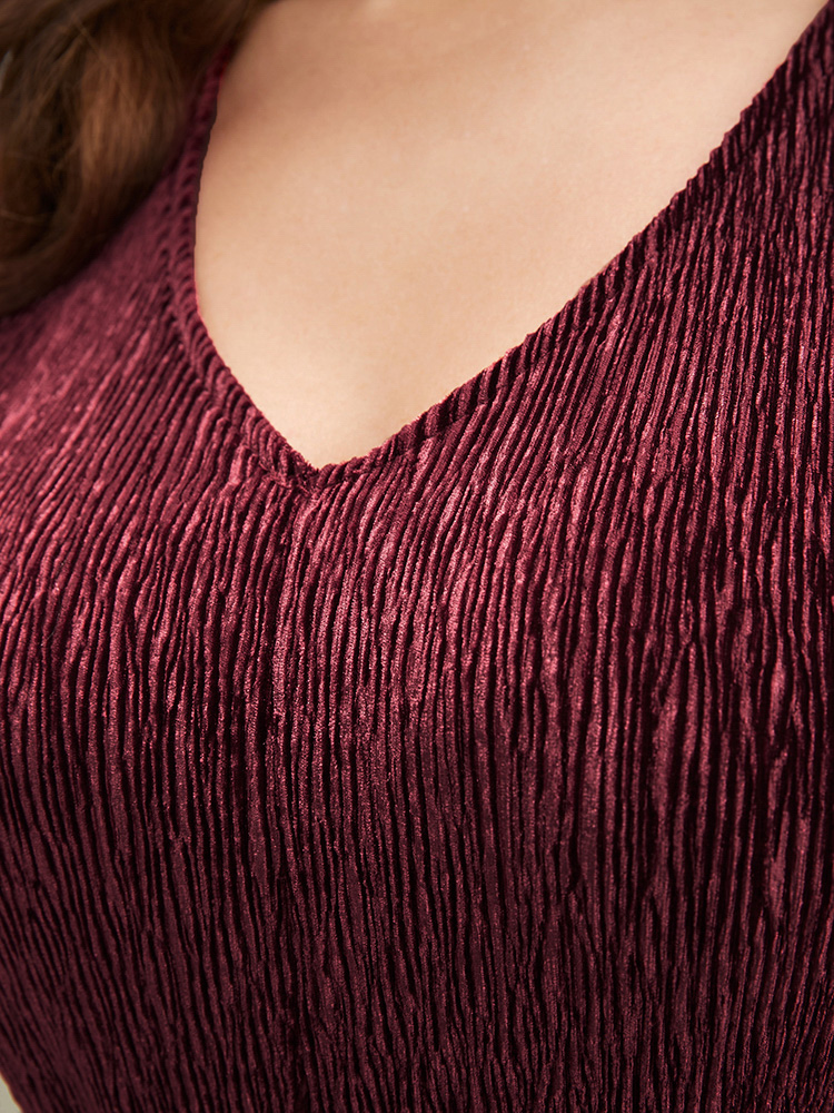 

Plus Size Burgundy Glitter Textured Lantern Sleeve Belted Ruffle Blouse Women Party Long Sleeve V-neck Going out Blouses BloomChic