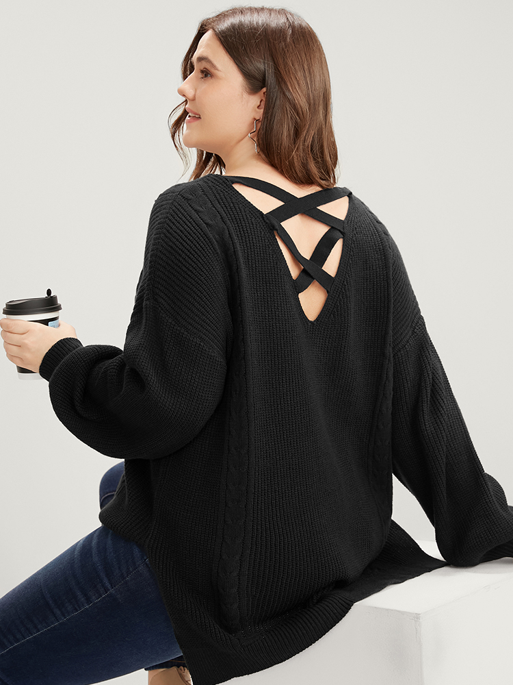 

Plus Size Solid Pointelle Knit Lantern Sleeve Cut Out Split Knit Top Black Women Casual Loose Long Sleeve V-neck Dailywear Pullovers BloomChic