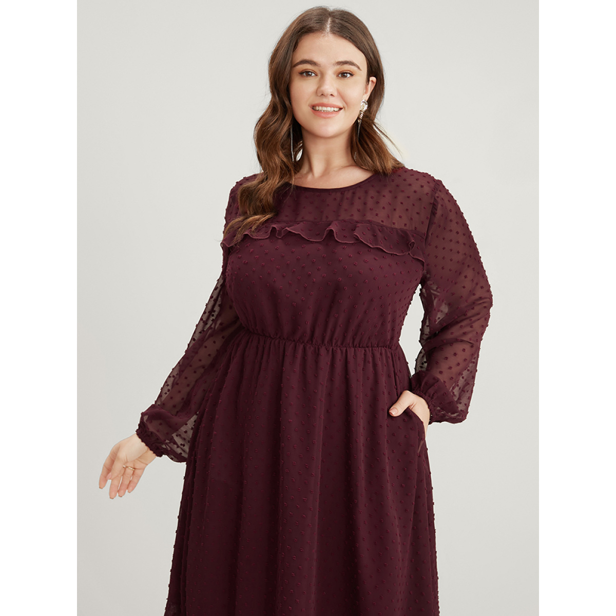 

Plus Size Polka Dot Mesh Lantern Sleeve Pocket Ruffle Midi Dress Burgundy Women Tiered Round Neck Long Sleeve Curvy Midi Dress BloomChic