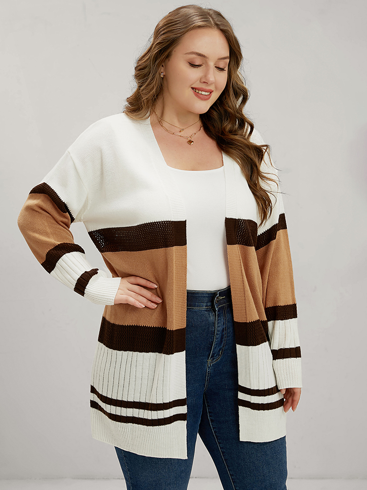 

Plus Size Colorblock Contrast Pointelle Knit Eyelet Open Front Cardigan Multicolor Women Casual Loose Long Sleeve Dailywear Cardigans BloomChic