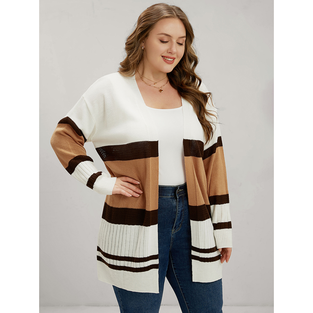 

Plus Size Colorblock Contrast Pointelle Knit Eyelet Open Front Cardigan Multicolor Women Casual Loose Long Sleeve Dailywear Cardigans BloomChic