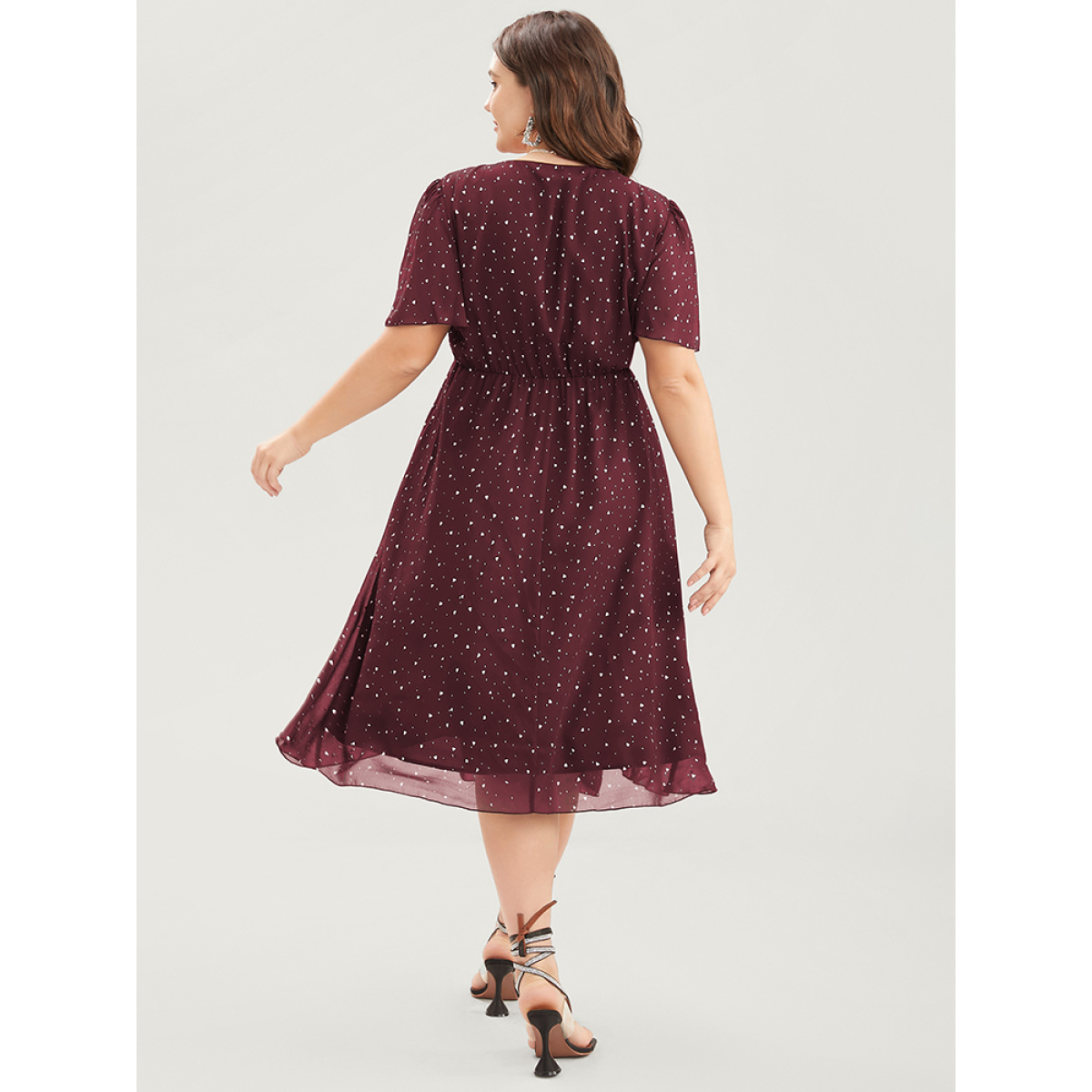 

Plus Size Polka Dot Surplice Neck Mesh Pocket Flutter Dress Burgundy Women Pocket V-neck Short sleeve Curvy Midi Dress BloomChic