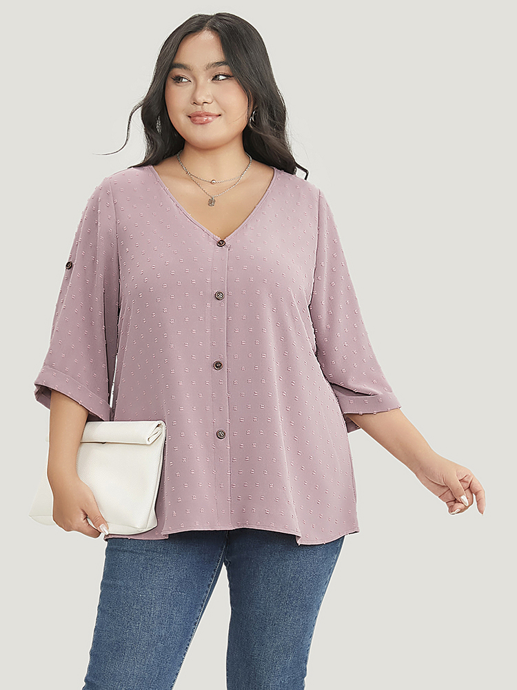 

Plus Size Mauve Polka Dot V Neck Button Detail Cuffed Sleeve Blouse Women Office Elbow-length sleeve V-neck Work Blouses BloomChic
