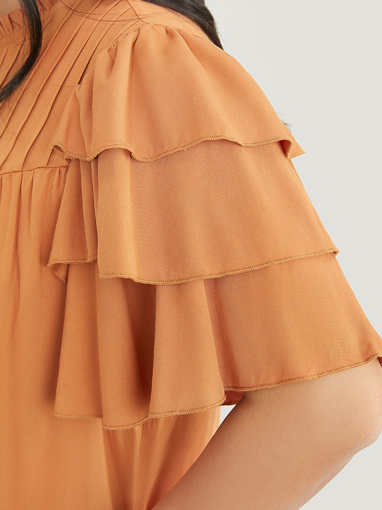 

Plus Size Rust Solid Pleated Keyhole Ruffle Tiered Sleeve Frill Trim Blouse Women Elegant Short sleeve Round Neck Dailywear Blouses BloomChic
