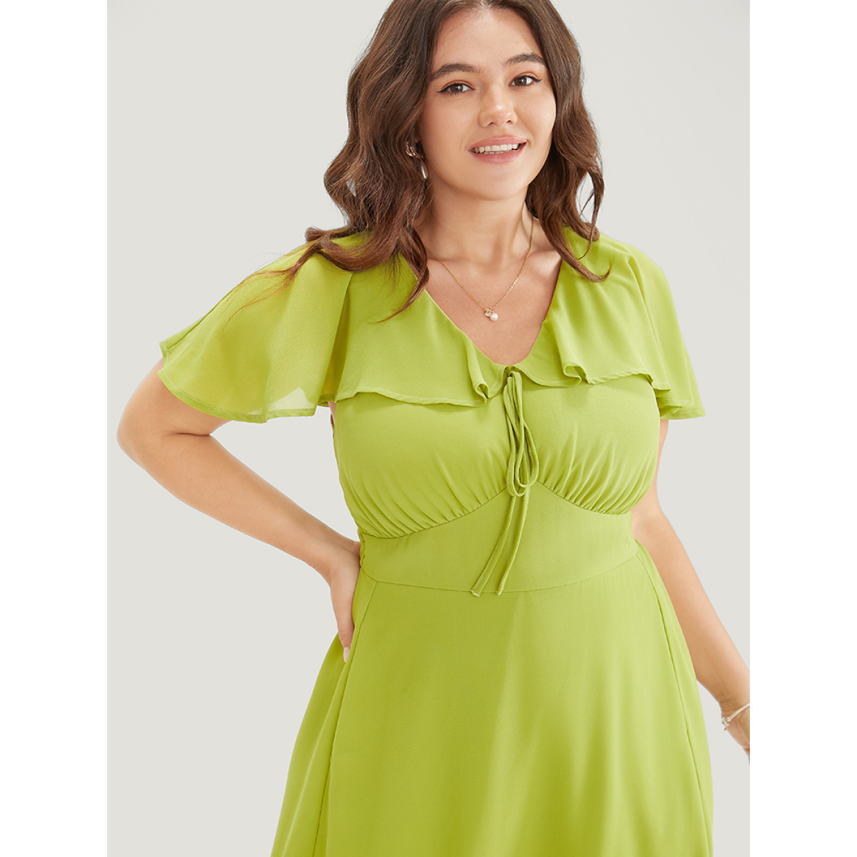 

Plus Size Solid Ruffle Trim Pocket Empire Waist Knot Cape Detail Dress YellowGreen Women Plain V-neck Sleeveless Curvy Midi Dress BloomChic