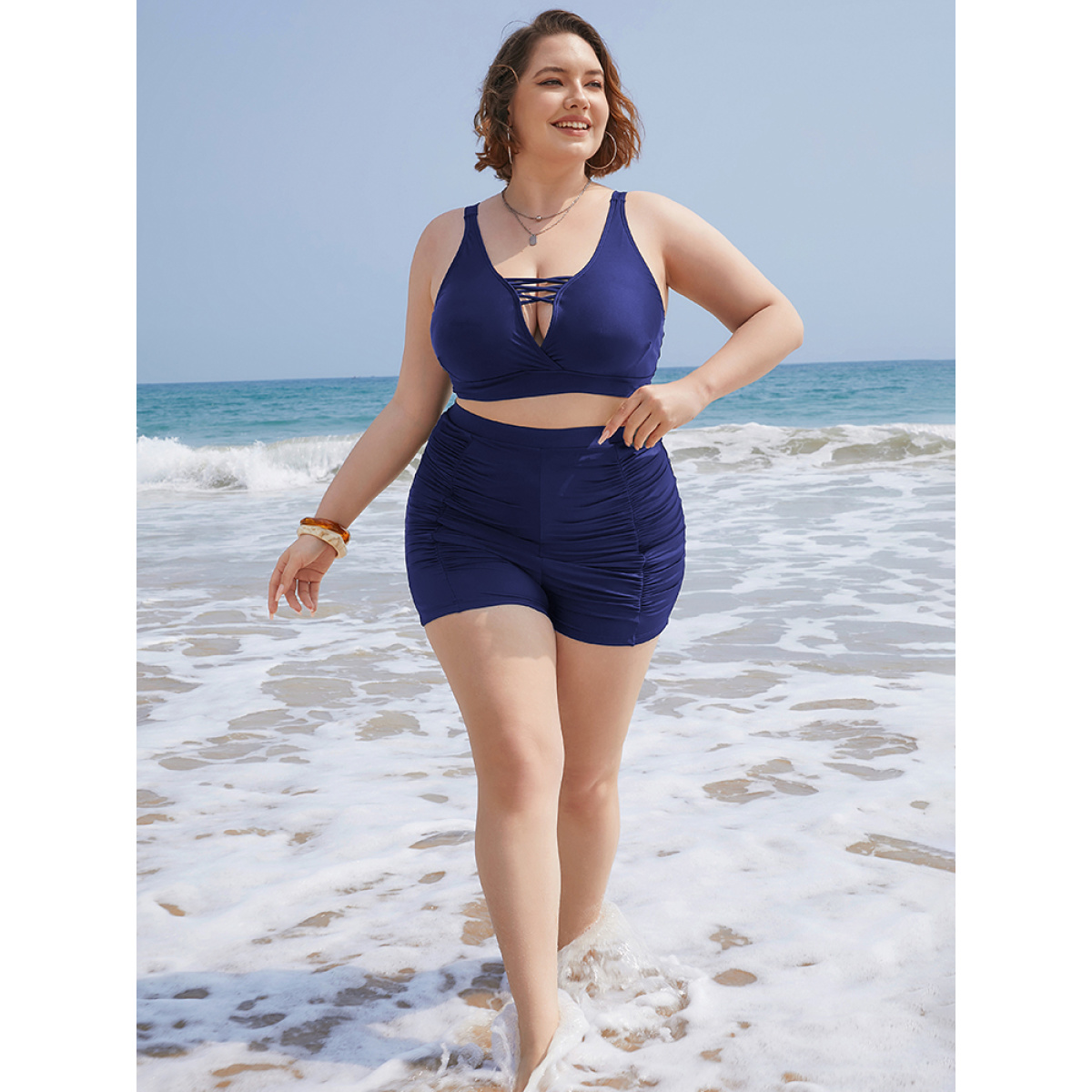 

Plus Size Solid High Waist Ruched Detail Swim Shorts Women's Swimwear Indigo Beach Gathered High stretch Skinny High Rise Curve Swim Bottoms BloomChic