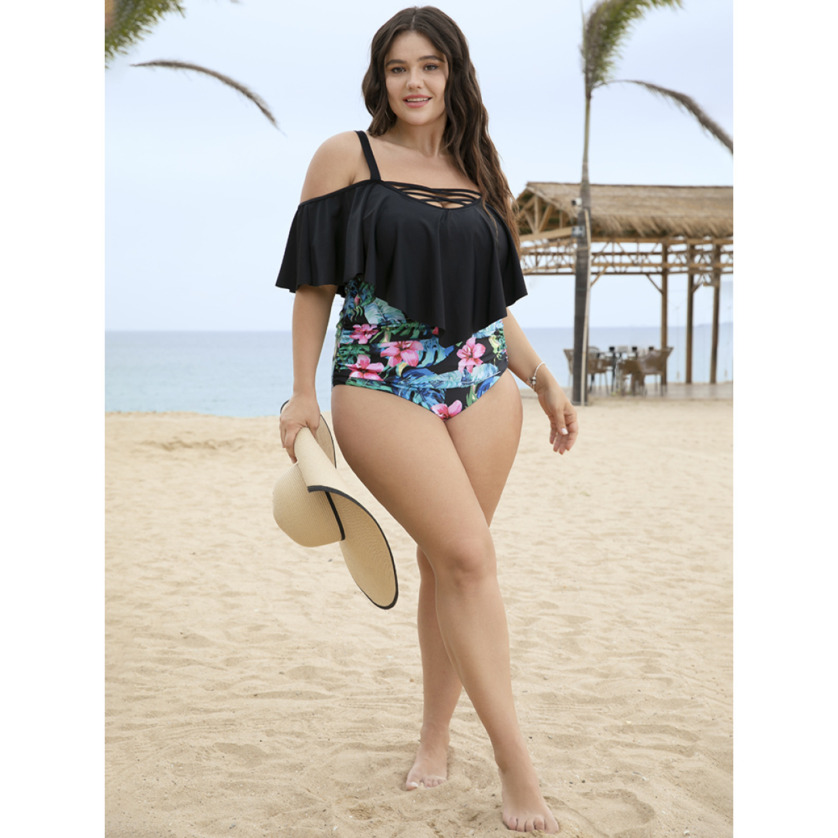 

Plus Size Floral Patchwork Crisscross Cold Shoulder Asymmetrical One Piece Swimsuit Women's Swimwear BlackFlower Adjustable Straps Curve Bathing Suits High stretch One Pieces BloomChic