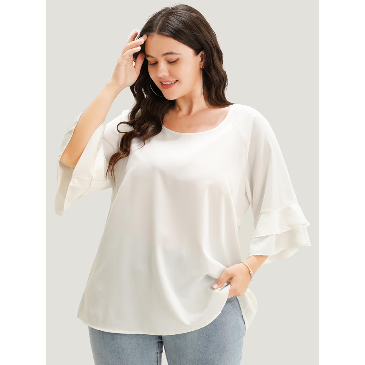 

Plus Size White Plain Ruffle Tiered Round Neck Blouse Women Work From Home Elbow-length sleeve Round Neck Work Blouses BloomChic