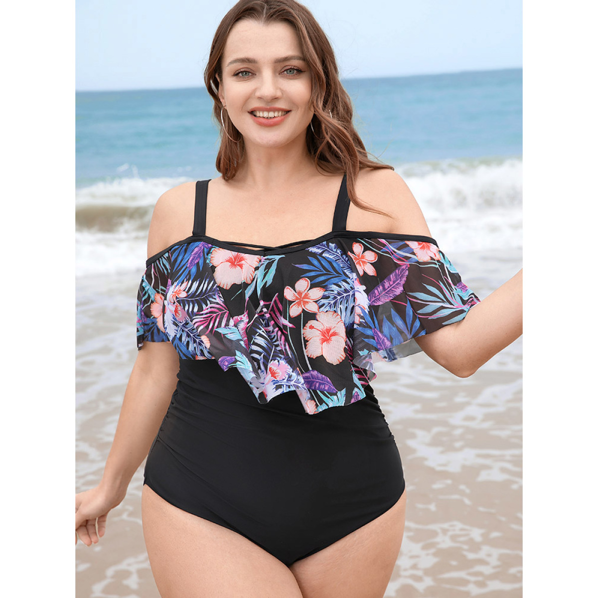 

Plus Size Floral Patchwork Asymmetrical Ruffle Trim Crisscross One Piece Swimsuit Women's Swimwear Black Vacation Adjustable Straps Curve Bathing Suits High stretch One Pieces BloomChic