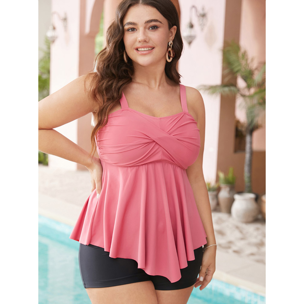 

Plus Size Solid A Line Crossover Asymmetrical Hem Tankini Top Women's Swimwear Crepe Vacation Adjustable Straps High stretch Bodycon Spaghetti Strap Curve Swim Tops BloomChic