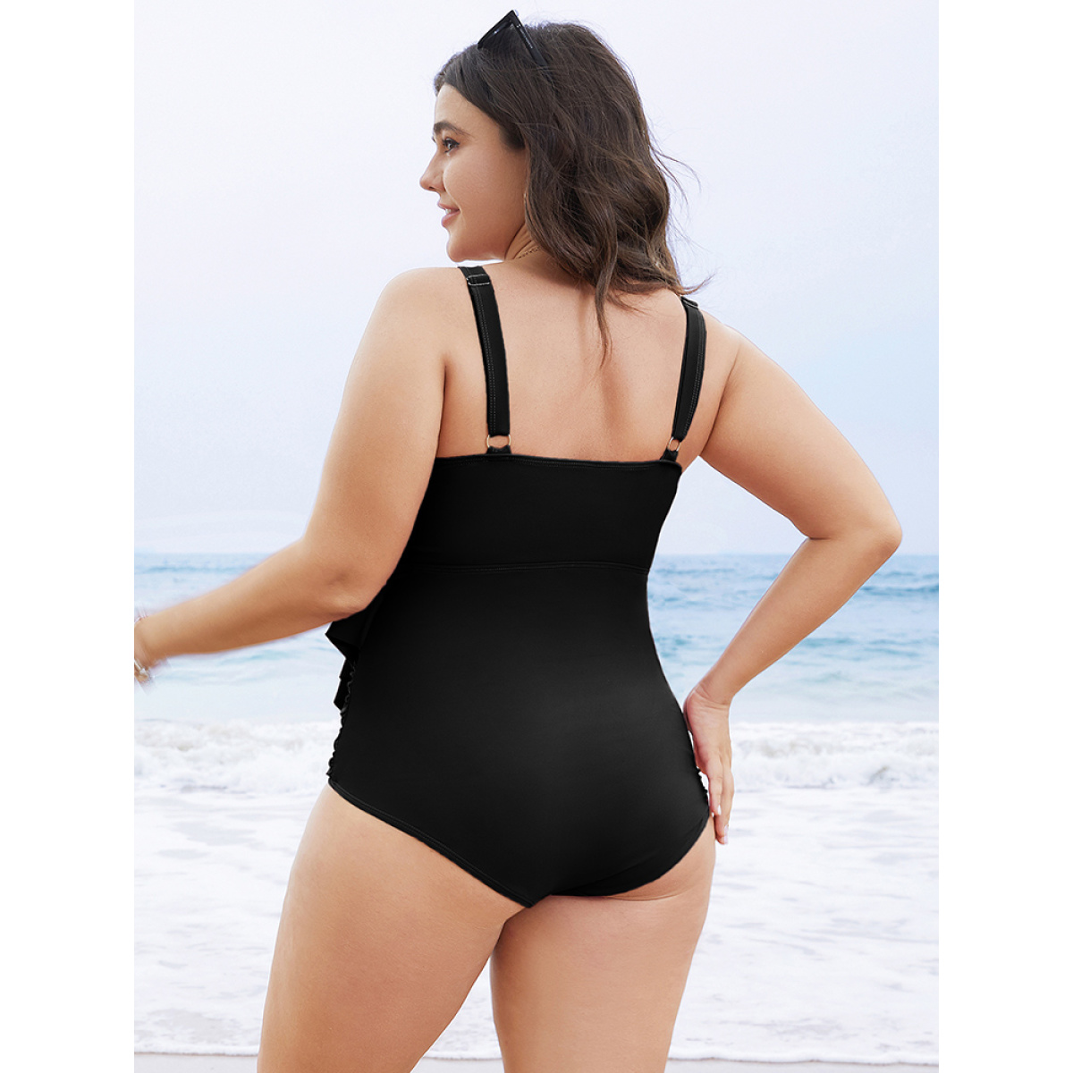 

Plus Size Solid Sculpt Waist Patchwork Ruffle Tiered One Piece Swimsuit Women's Swimwear Black Vacation Adjustable Straps Curve Bathing Suits High stretch One Pieces BloomChic