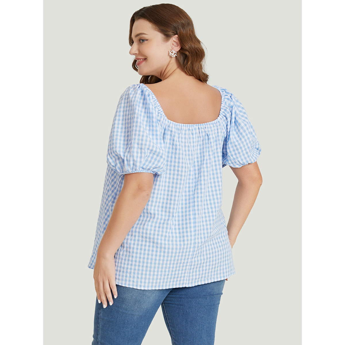 

Plus Size LightBlue Gingham Print Square Neck Puff Sleeve Blouse Women Vacation Short sleeve Square Neck Dailywear Blouses BloomChic