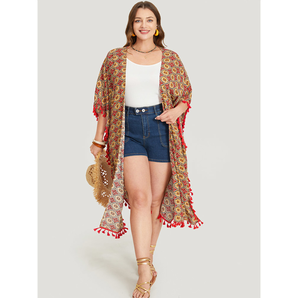 

Plus Size Bandana Batwing Sleeve Tassels Trim Split Open Front Kimono Women Scarlet Vacation Loose Belt Dailywear Kimonos BloomChic