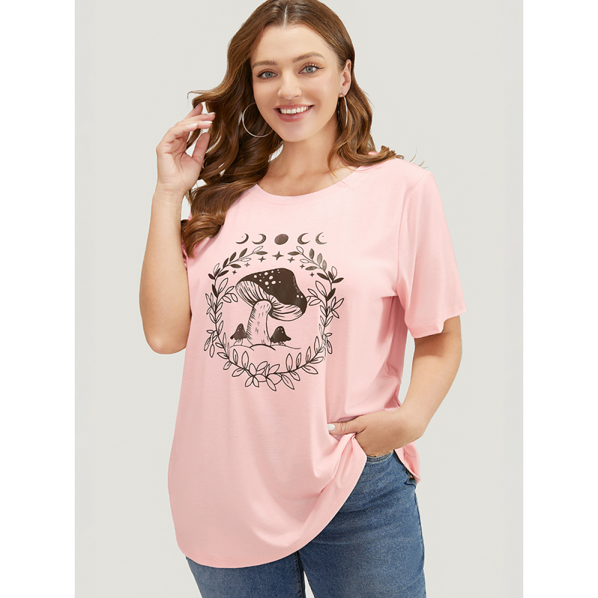

Plus Size Mushroom & Moon Print Short Sleeve Crew Neck T-shirt MistyRose Women Casual Natural Flowers Round Neck Dailywear T-shirts BloomChic