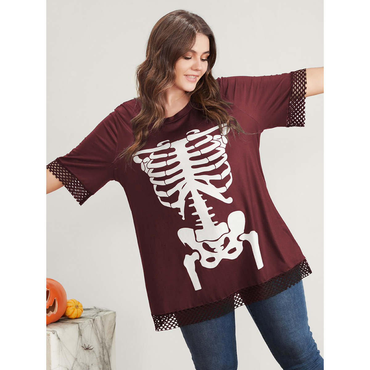 

Plus Size Halloween Skeleton Print Fishnet Patch T-shirt Burgundy Women Casual Printed Graphic-Halloween Round Neck Dailywear T-shirts BloomChic