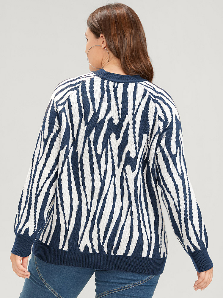 

Plus Size Zebra Print Pointelle Knit Raglan Sleeve Jacquard Knit Top Midnight Women Casual Long Sleeve Round Neck Everyday Pullovers BloomChic