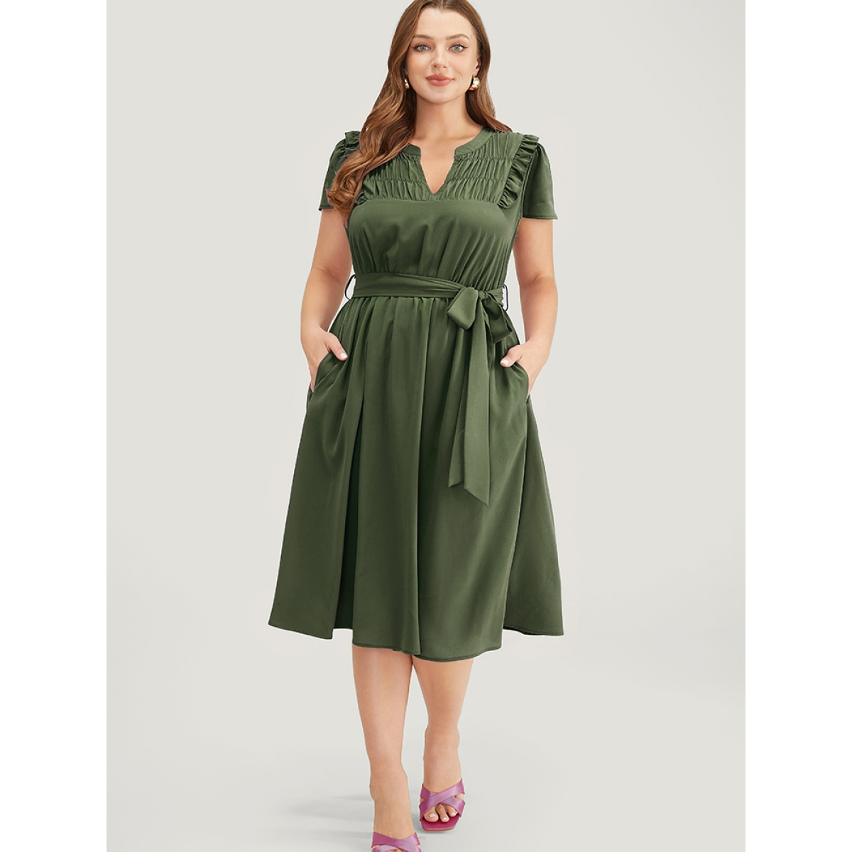 

Plus Size Plain Notched Shirred Frill Trim Pocket Belted Dress ArmyGreen Women Gathered Notched collar Short sleeve Curvy Midi Dress BloomChic