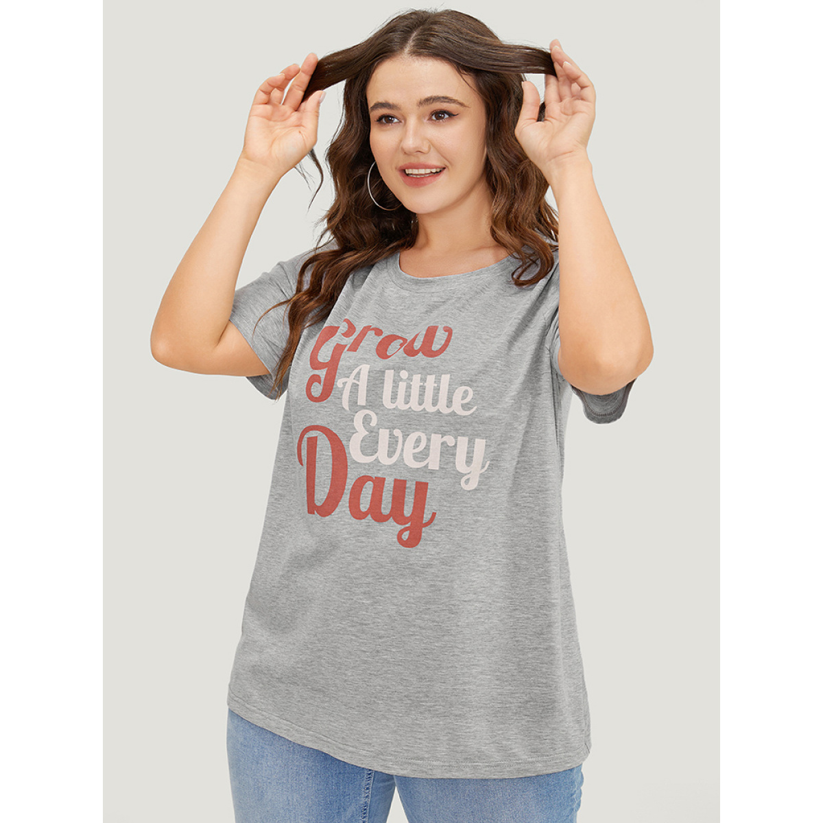 

Plus Size Positive Slogans Print Round Neck T-shirt Gray Women Casual Positive slogan Round Neck Dailywear T-shirts BloomChic