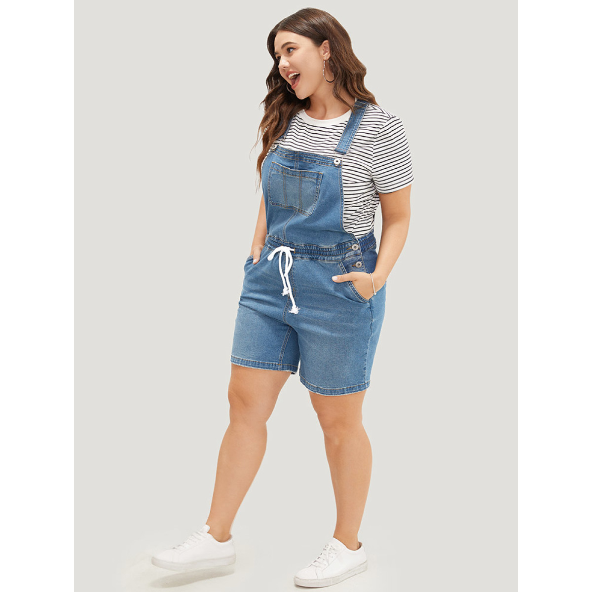

Plus Size Drawstring Button Up Dark Wash Denim Overalls Blue Women Plain Low stretch Dailywear Pocket Casual Denim Overalls BloomChic