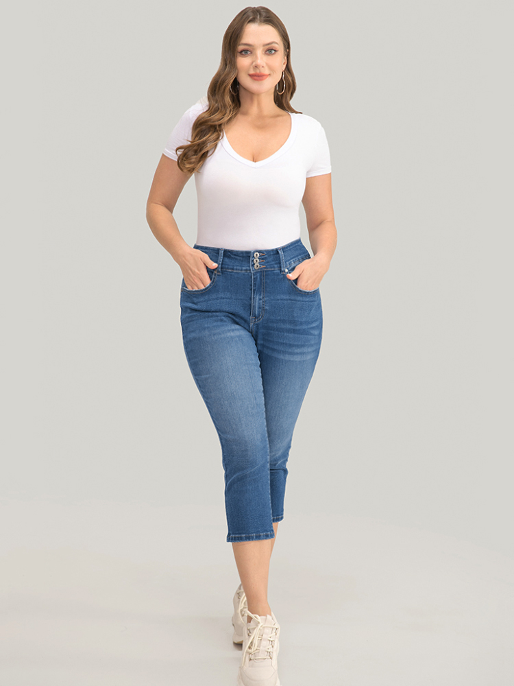 

Plus Size Very Stretchy High Rise Medium Wash Cropped Jeans Women Cerulean Casual Plain High stretch Jeans BloomChic