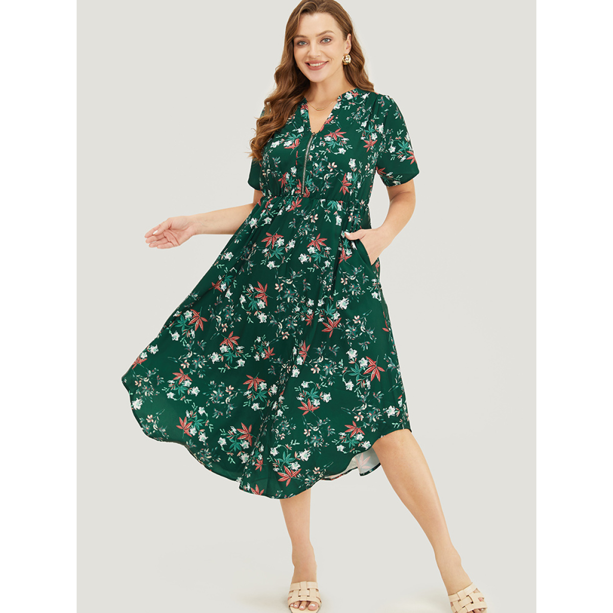 Plus Size Floral Ruffles Half Zipper Pocket Arc Hem Dress DarkGreen Women Elegant Zipper V-neck Short sleeve Curvy Midi Dress BloomChic
Plus Size Floral Ruffles Half Zipper Pocket Arc Hem Dress DarkGreen Women Elegant Zipper V-neck Short sleeve Curvy Midi Dress BloomChic