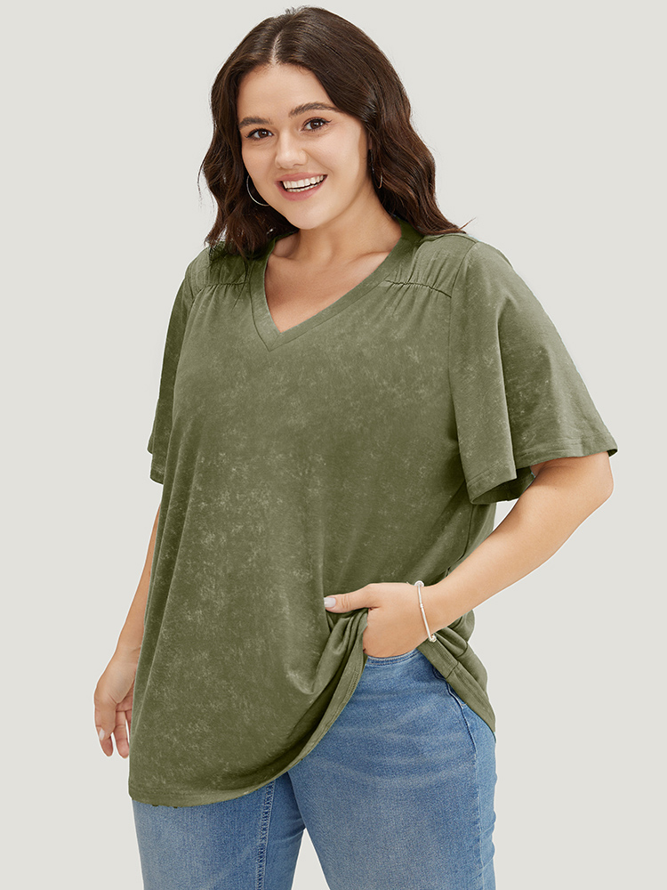 

Plus Size Solid Ruffle Sleeve Heather T-shirt ArmyGreen Women Casual Gathered Plain V-neck Dailywear T-shirts BloomChic