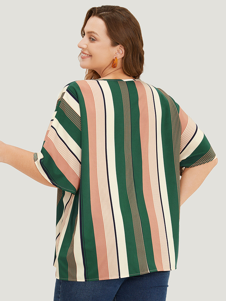 

Plus Size Multicolor Striped Print Button Detail Batwing Sleeve Blouse Women Vacation Half Sleeve V-neck Dailywear Blouses BloomChic
