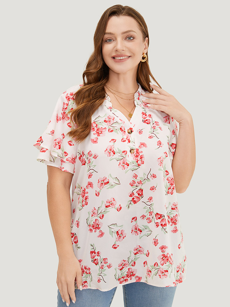 

Plus Size White Floral Printed Button Up Flutter Layered Sleeve Blouse Women Elegant Short sleeve Notched collar Dailywear Blouses BloomChic