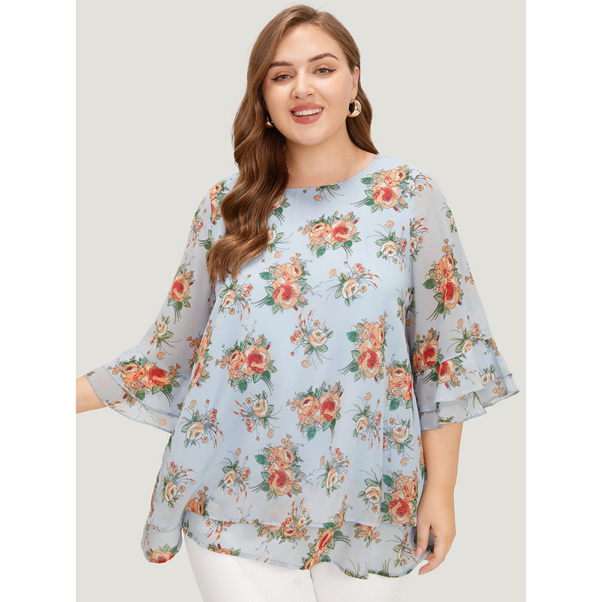 

Plus Size LightBlue Floral Ruffle Sleeve Layered Hem Blouse Women Elegant Elbow-length sleeve Round Neck Dailywear Blouses BloomChic